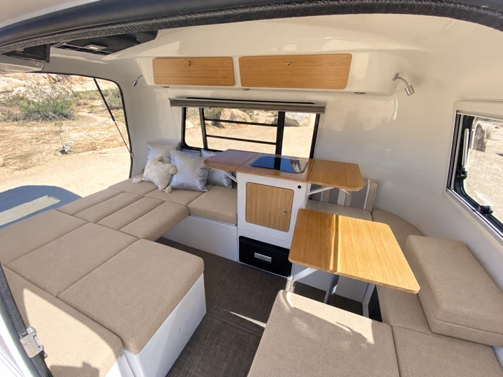 Beige cushions in a camper, color visualization